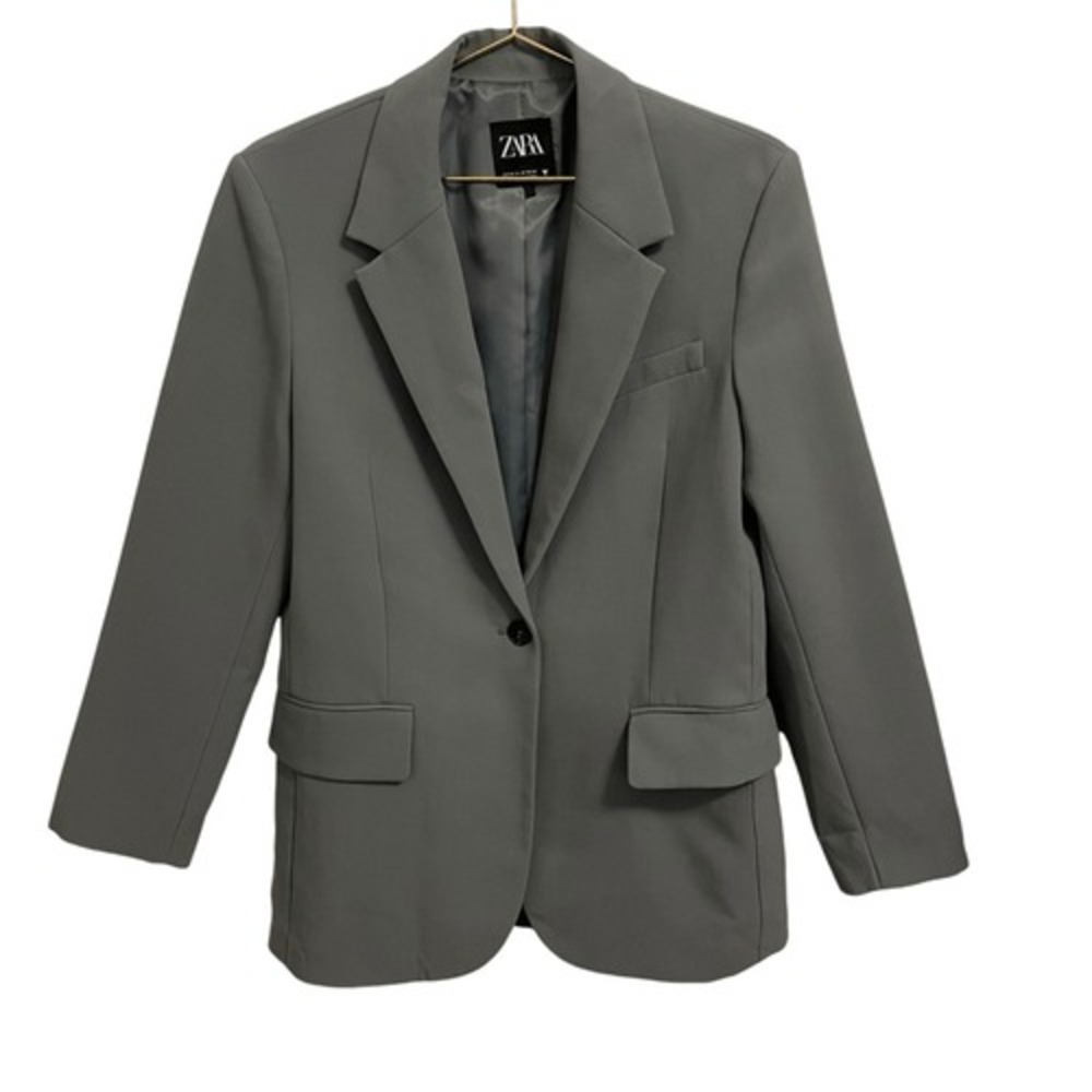 Zara Women XS Sage Green Single Breasted Blazer Padded Shoulder Suit Jacket